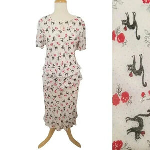 {Chelsea & Violet} 100% Silk Red Roses With Black Cats Print Top and Skirt